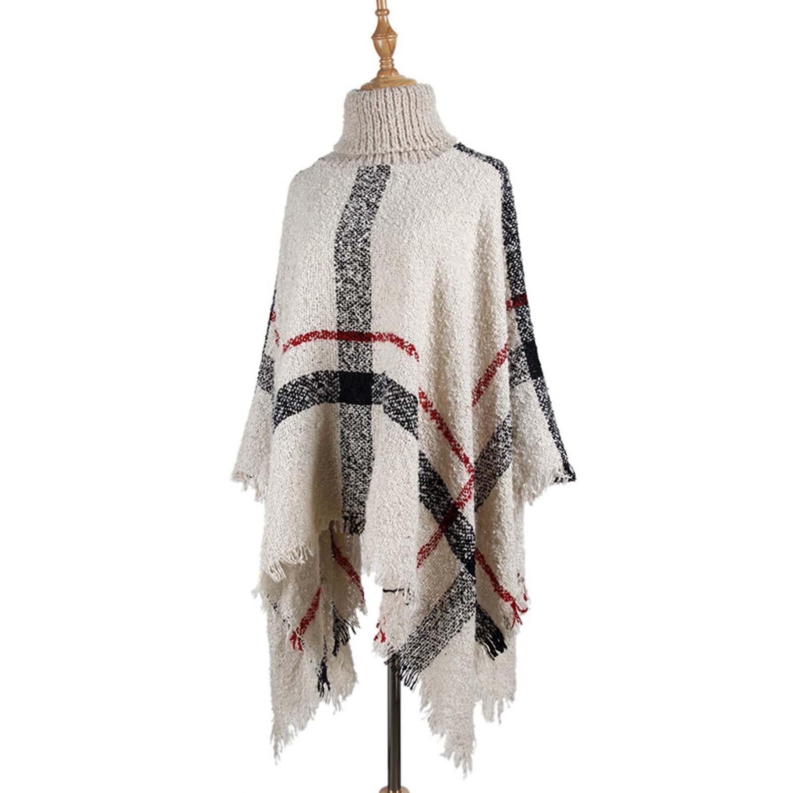 V562-F1051504450DBT-202505262027-07 Women Mid-Length Turtleneck Sweater Fringed Cloak Shawl - Size Free Size - Khaki - Image 8
