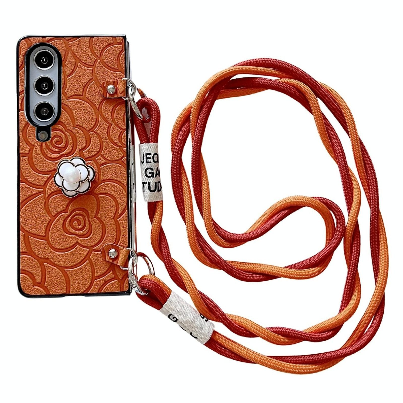 V562-F502500600ADE-202505221915-01 For Samsung Galaxy Z Fold4 5G Camellia Pattern Phone Case With Lanyard - Red - Image 2