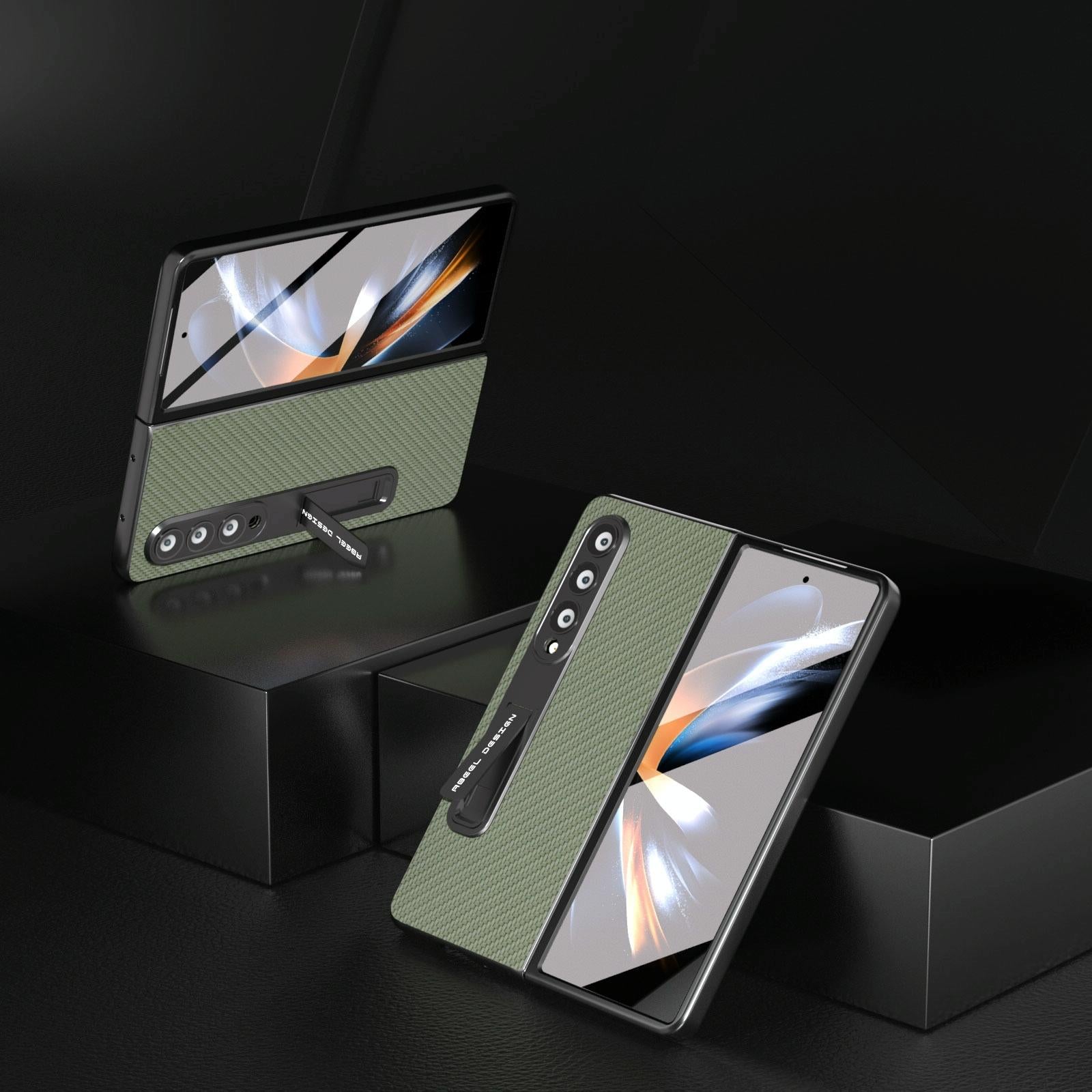 V562-G202707400ADE-202505221916-03 For Samsung Galaxy Z Fold4 5G Carbon Fiber Phone Case With Holder - Black - Image 4