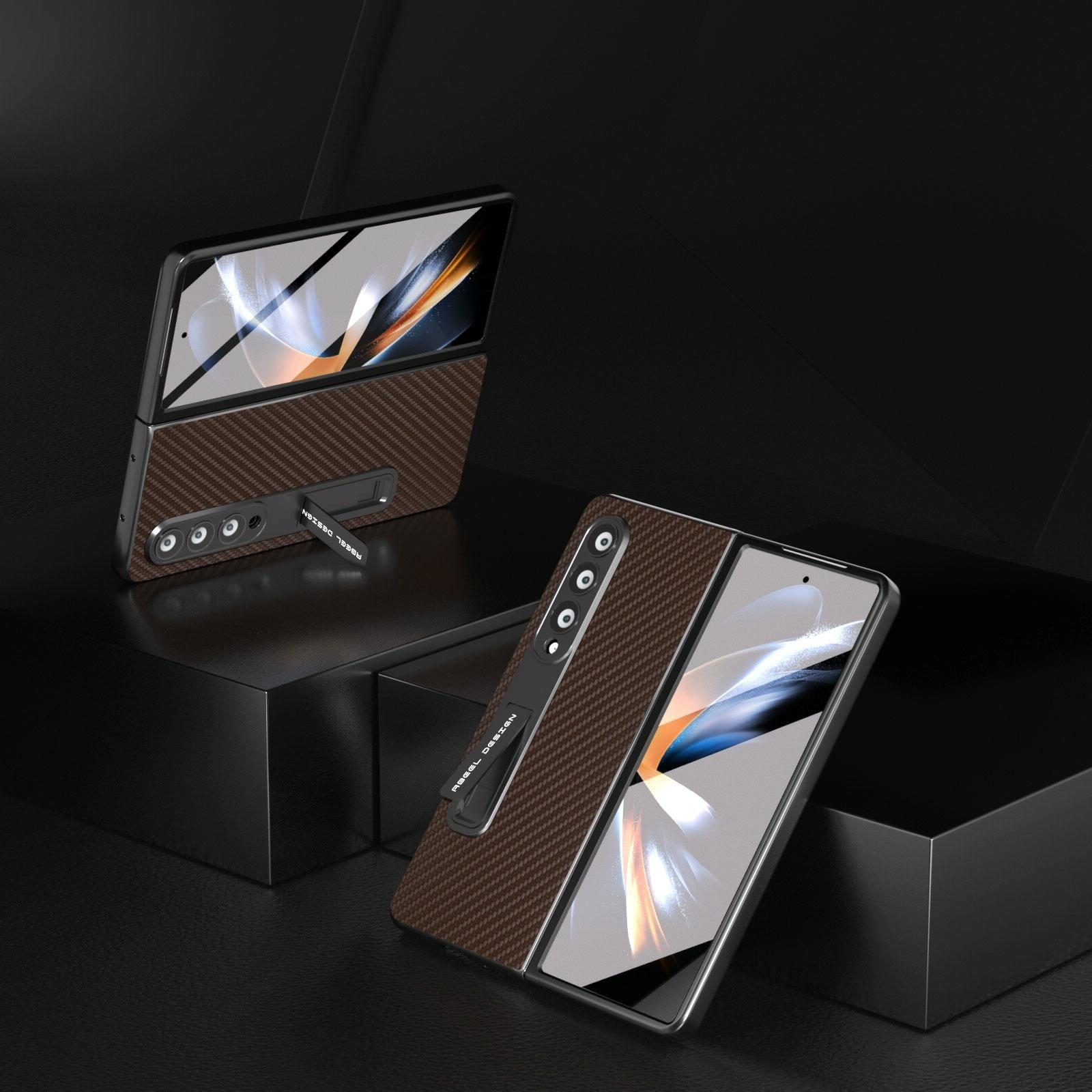 V562-G202707400ADE-202505221916-13 For Samsung Galaxy Z Fold4 5G Carbon Fiber Phone Case With Holder - Black - Image 14