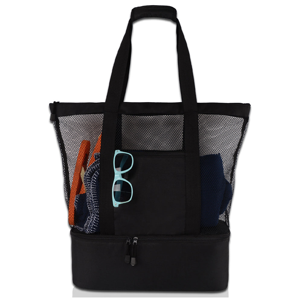 V562-GU23-TA27BLACK-202503280152-00 Vibe Geeks 2 in 1 Mesh Beach Tote Bag with Insulated Cooler - Black - Image 1