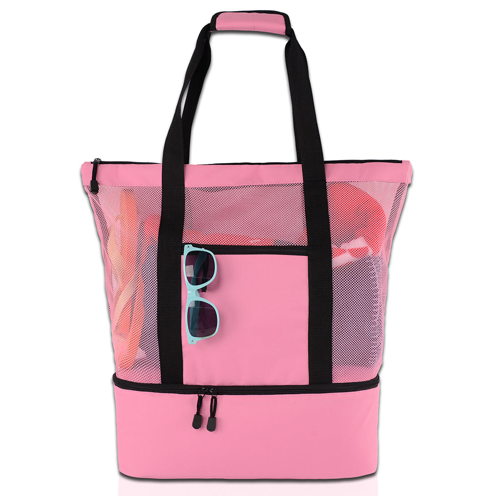 V562-GU23-TA27PINK-202503280153-00 Vibe Geeks 2 in 1 Mesh Beach Tote Bag with Insulated Cooler - Pink - Image 1