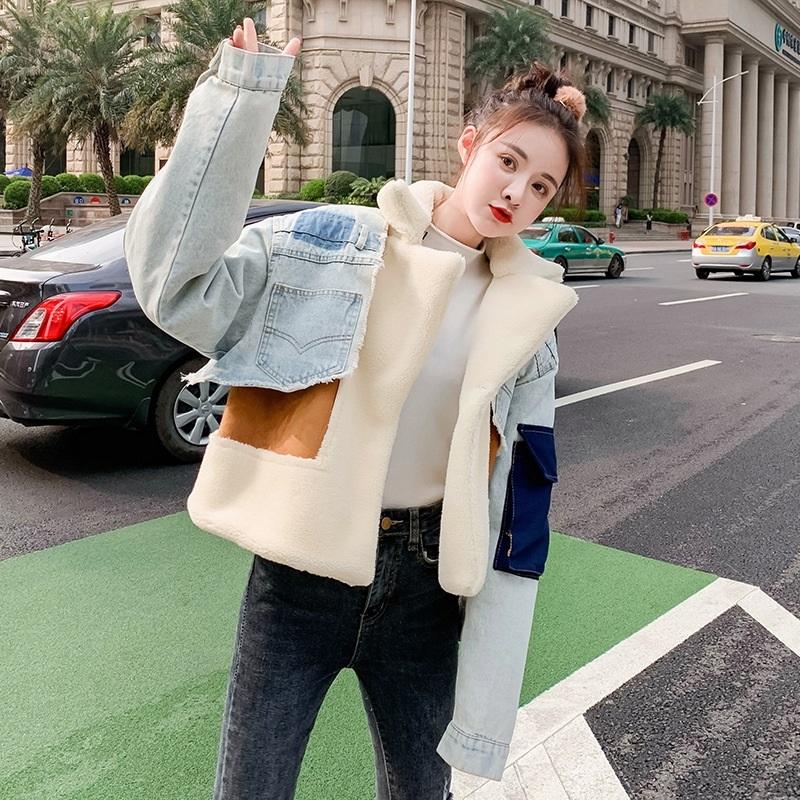 V562-IA83216185YZ-202505262032-00 Plush Thick Denim Stitching Lamb Fur Lapel Cotton Jacket - Blue Xl - Image 1