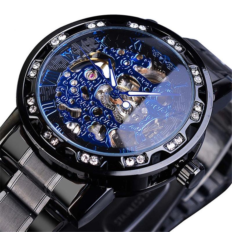 V562-J1022033060DBT-202505271230-00 Men Skeleton Diamond Mechanical Watch - Luminous Pointer - Black Belt Black Shell Blue Face - Image 1