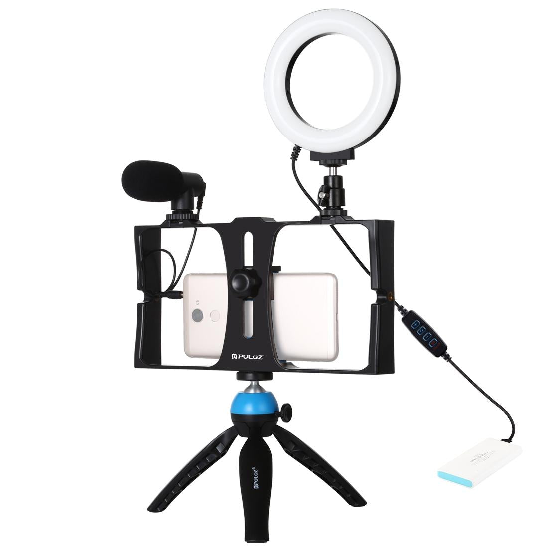 V562-L5203TKP-222110-00 Vlogging Live Broadcast Smartphone Video Rig With Led Selfie Light Microphone Tripod Mount And Cold Shoe Head - Blue - Pkt3025L - Image 1