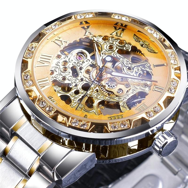 V562-N1022033060DBT-202505271231-00 Men Skeleton Diamond Mechanical Watch - Luminous Pointer - Silver Belt Silver Shell Gold Face - Image 1
