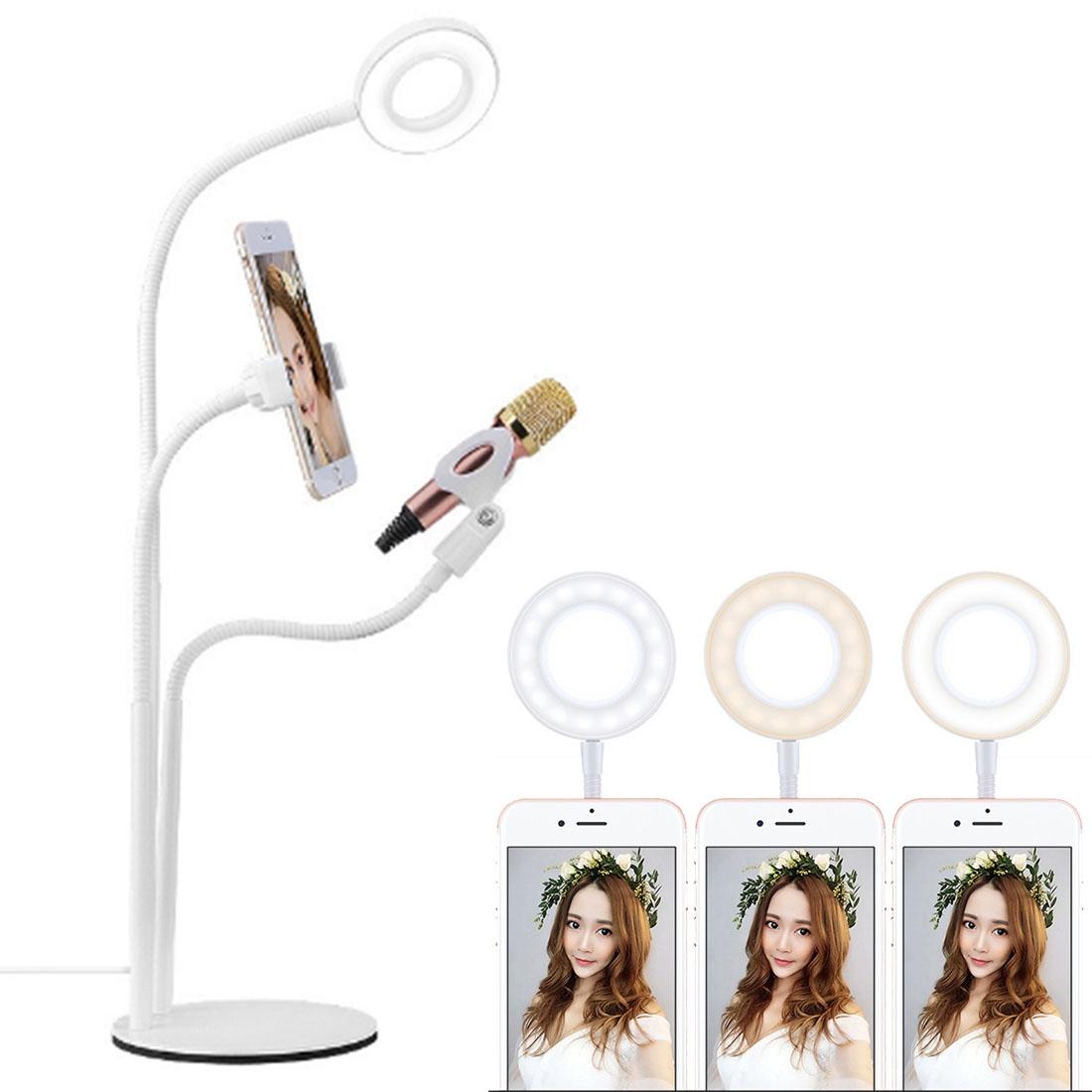 V562-W4053SCS-202502212245-00 Universal Cell Phone Holder with Selfie Ring Light Microphone Clip & 3-colour Light Adjustment for Studio Recording Live Broadcast Ktv White - Image 1