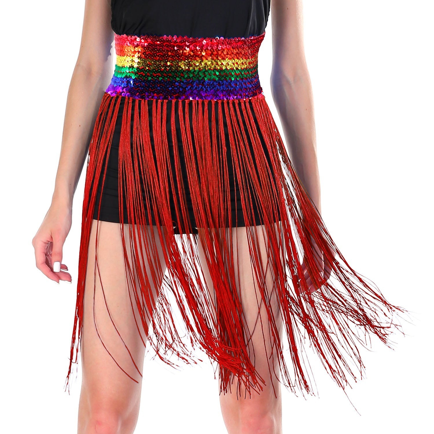 V563-12087-11-197261-01 Sequin Belt w/Fringe Skirt Belly Dance Dancer Costume Party - Rainbow - Image 2