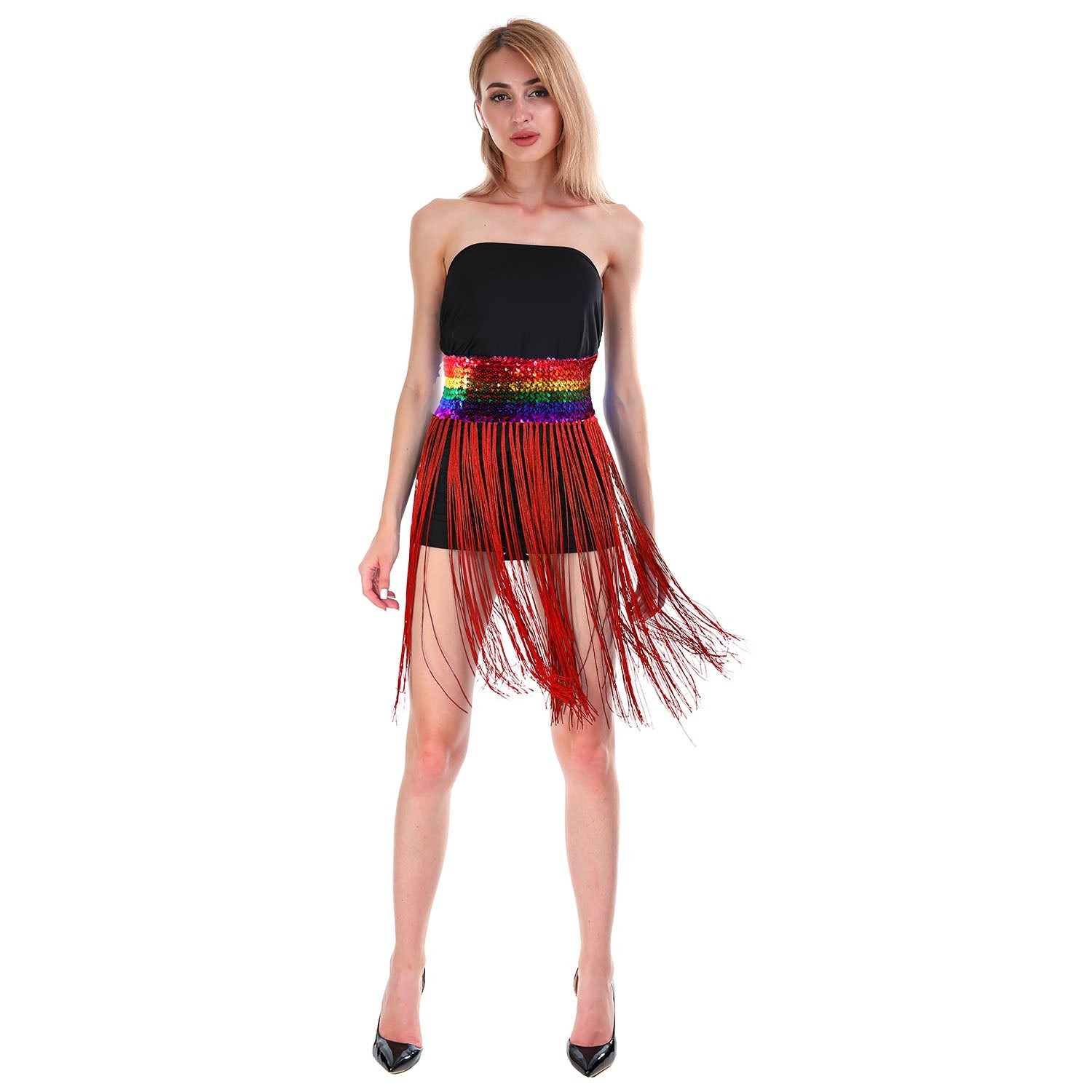 V563-12087-11-197261-02 Sequin Belt w/Fringe Skirt Belly Dance Dancer Costume Party - Rainbow - Image 3