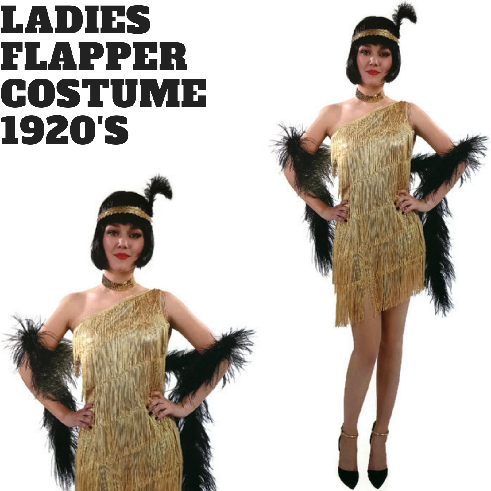 V563-12099-202503072110-01 Ladies Flapper Costume Charleston Gatsby Chicago Fancy Dress Party 1920s 20s - Gold - Image 2