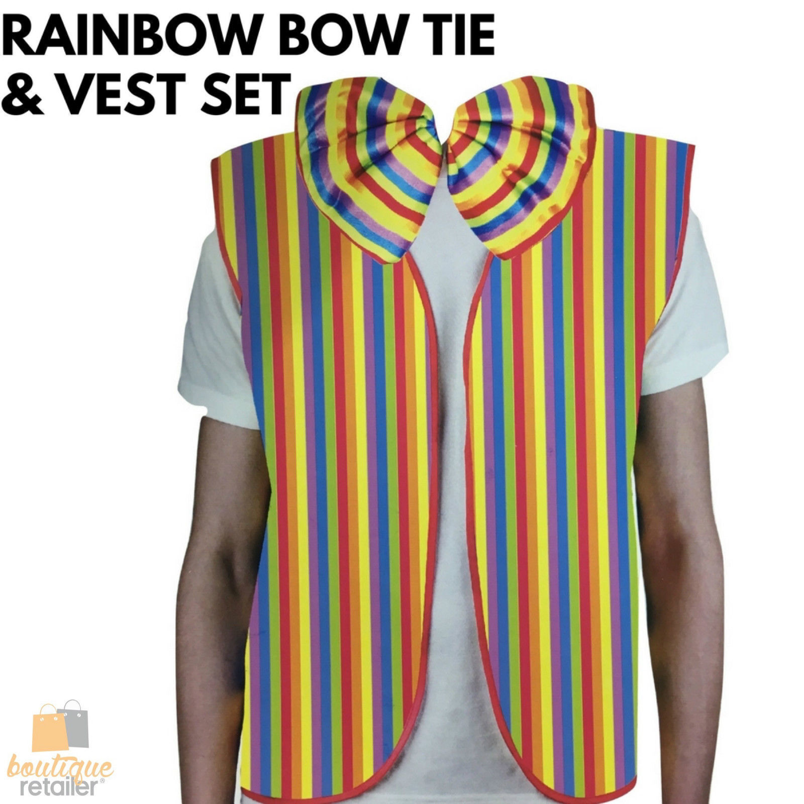V563-17813-185634-01 RAINBOW VEST & BOW TIE Set Kit Costume Jacket Yellow Fancy Dress Clown Party - Image 2
