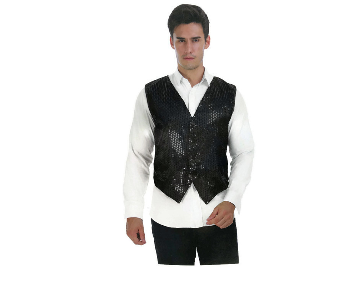 V563-17814-BLACK-202503051826-01 Mens Premium SEQUIN VEST Waistcoat Dance Costume Disco Sparkle Deluxe - Black - Image 2