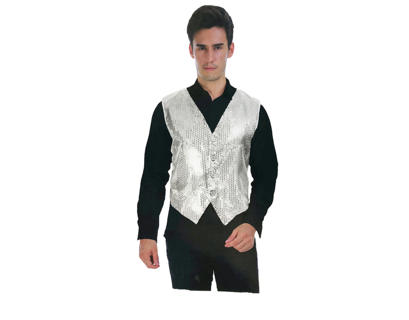 V563-17814-SILVER-202503051826-01 Mens Premium SEQUIN VEST Waistcoat Dance Costume Disco Sparkle Deluxe - Silver - Image 2
