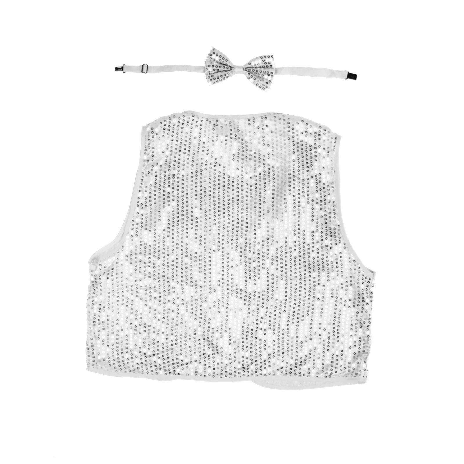 V563-17817-02-202503121910-00 Kids Sequin Vest Bow Tie Set Costume 80s Party Dress Up Waistcoat - Silver - Image 3
