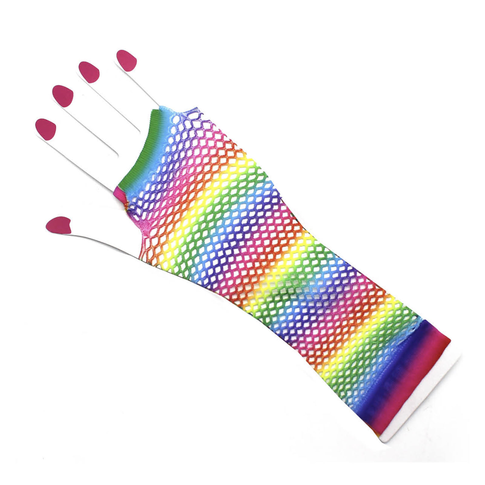 V563-18509-HORIZONTALSTRIPE-184431-02 Rainbow Stripe Fishnet Fingerless Gloves 80s Costume Burlesque Mardi Gras Dance - Image 3