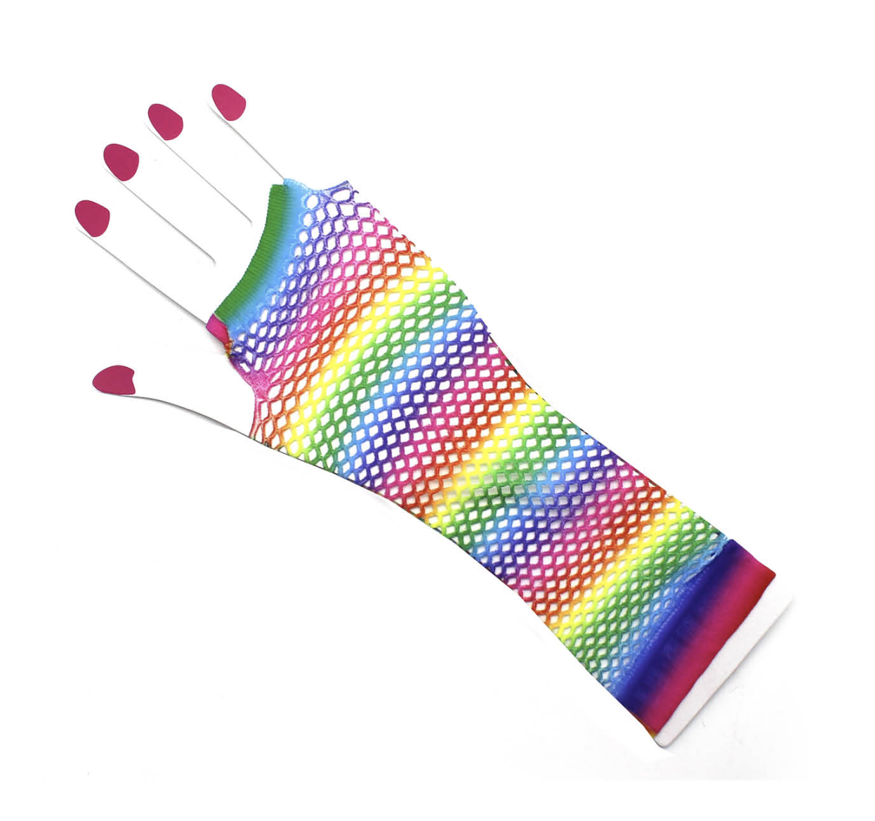 V563-18509-HORIZONTALSTRIPE-184431-03 Rainbow Stripe Fishnet Fingerless Gloves 80s Costume Burlesque Mardi Gras Dance - Image 4