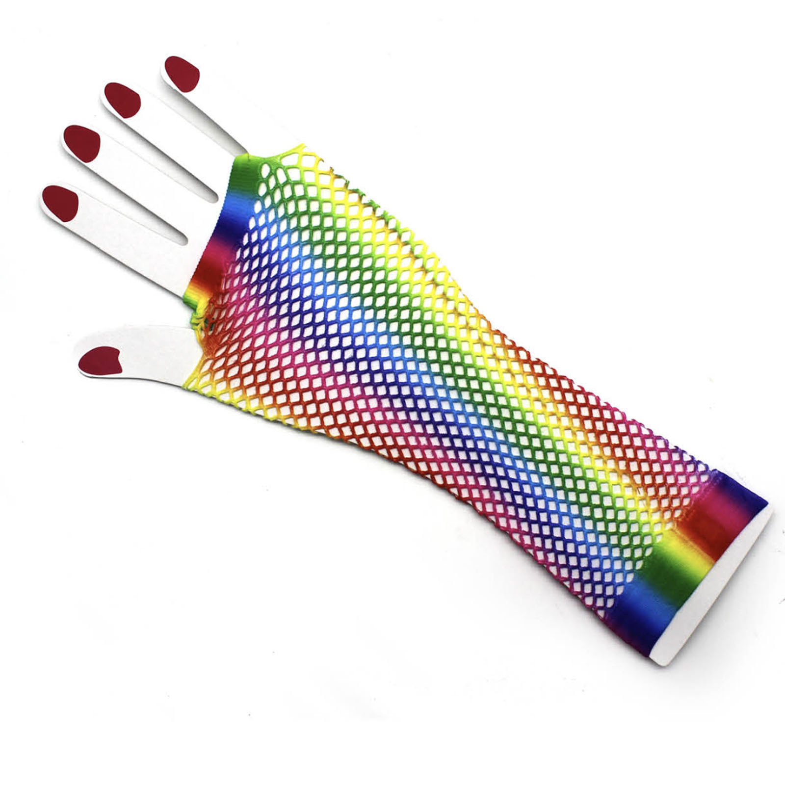 V563-18509-VERTICALSTRIPE-184427-01 Rainbow Stripe Fishnet Fingerless Gloves 80s Costume Burlesque Dance Mardi Gras - Image 2