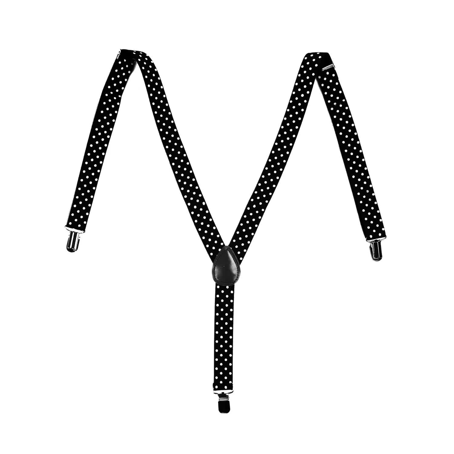 V563-19120-01-202503281609-00 Mens Suspenders Braces Adjustable Strong Clip On Elastic Formal Wedding Slim - Black with White Polka Dot - Image 1