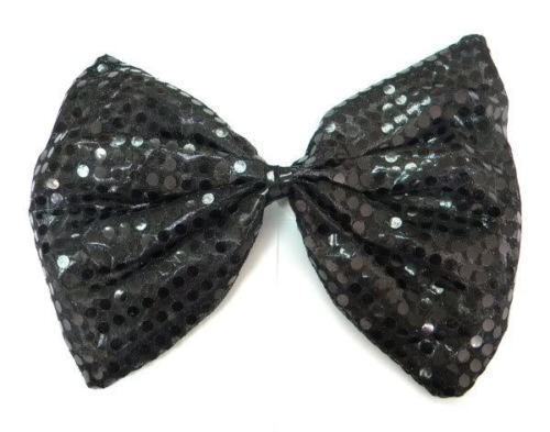 V563-19430-BLACK-184479-00 LARGE BOW TIE Sequin Polka Dots Bowtie Big King Size Party Costume - Black - Image 1