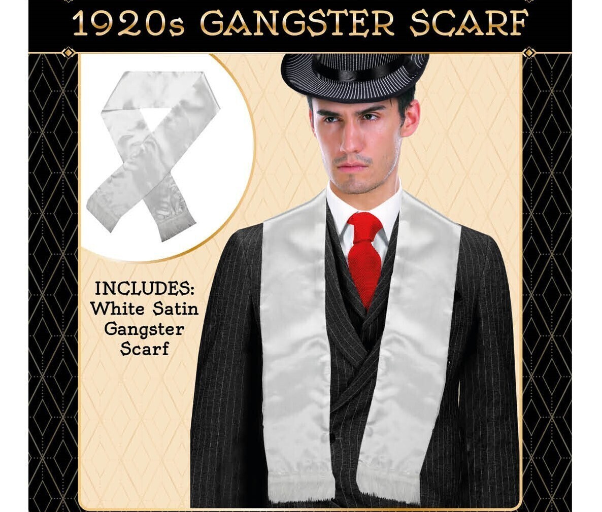 V563-19762-184646-01 Mens Gatsby 1920s Hollywood Gangster White Scarf Silky Soft with Tassels Costume - Image 2