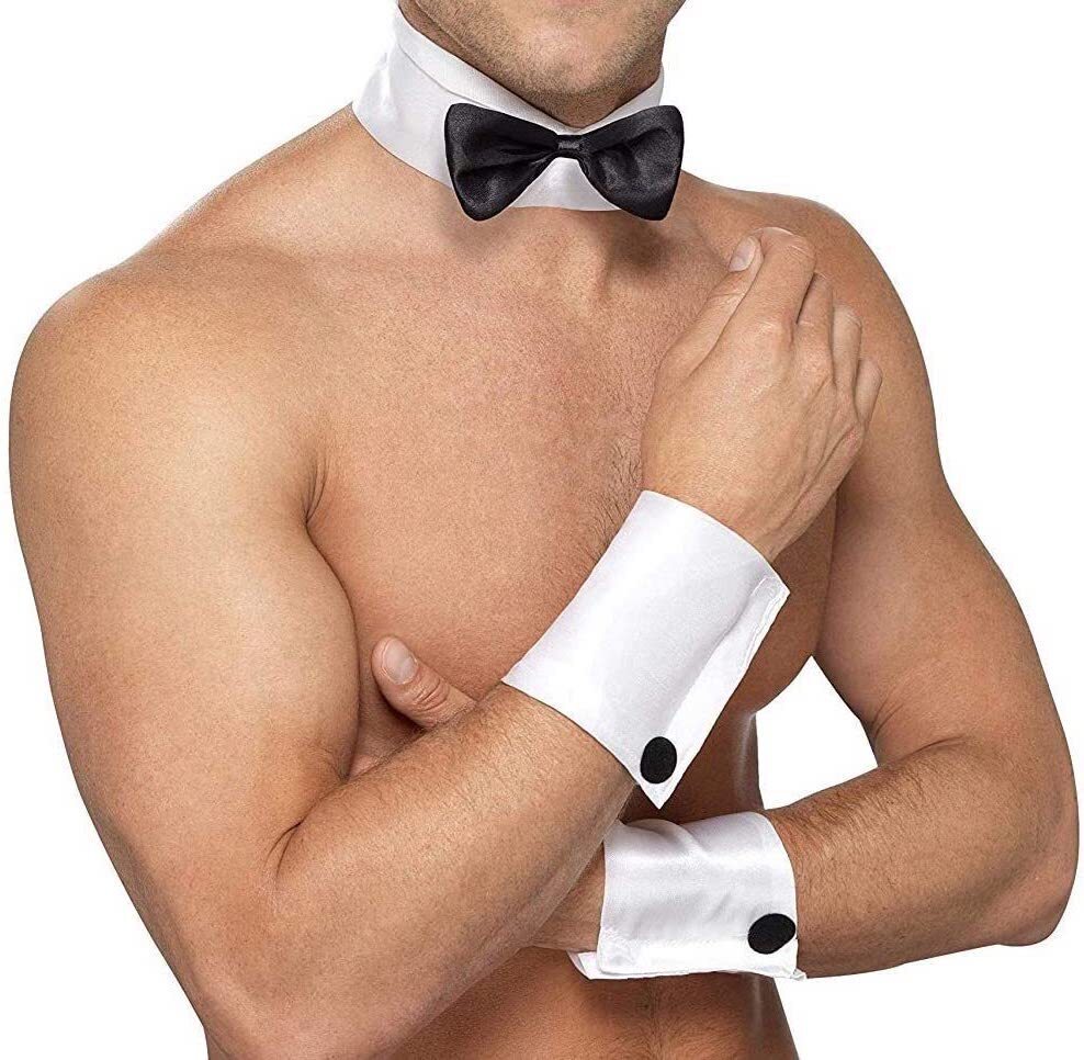 V563-19861-184758-01 Male Stripper Set Costume Cuffs Collar & Bow Tie Waiter Fun Kit Fancy Dress - Image 2