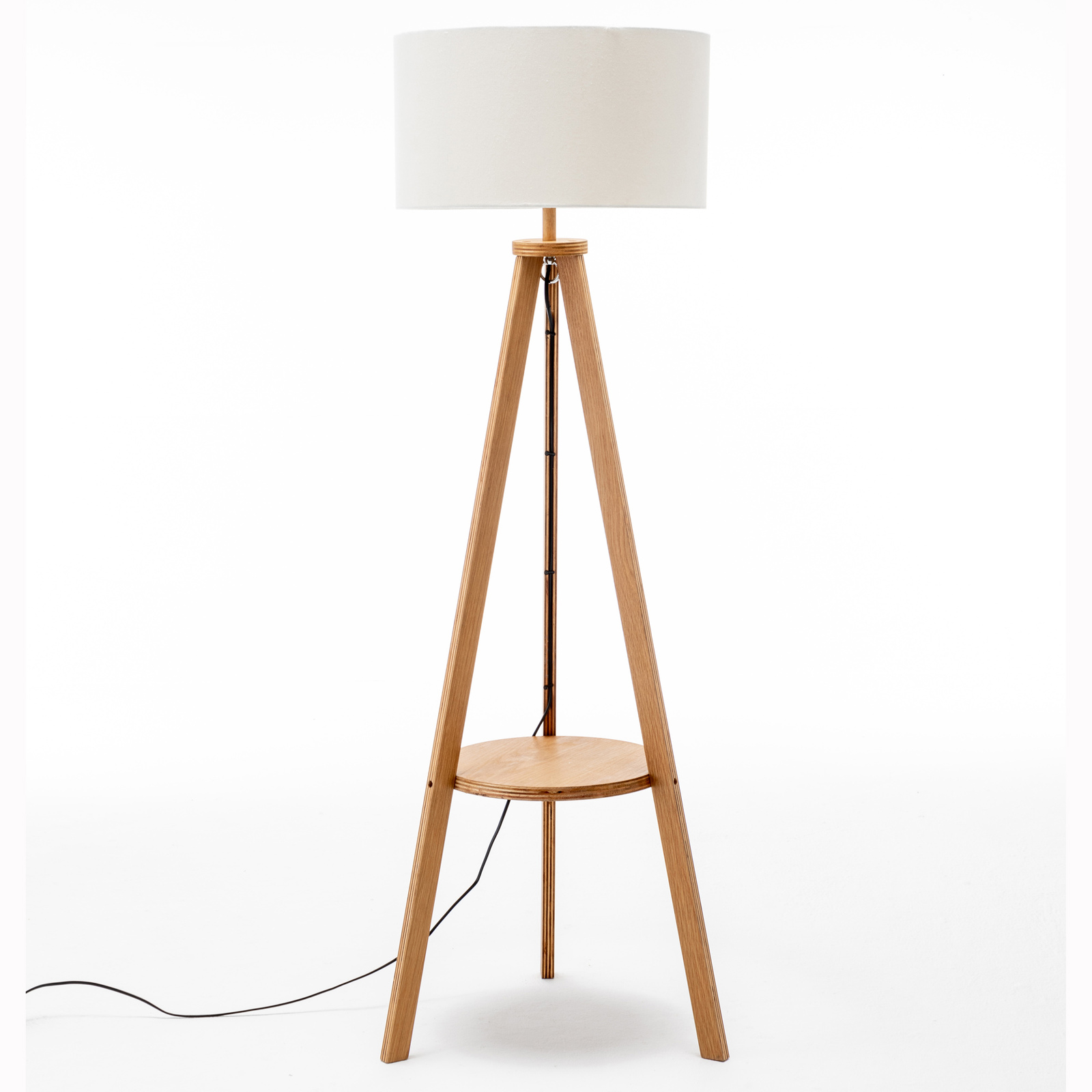 V563-75171-174344-01 Natural Wooden Tripod Floor Lamp w/ Round Wood Shelf + Off White Linen Shade - Image 2