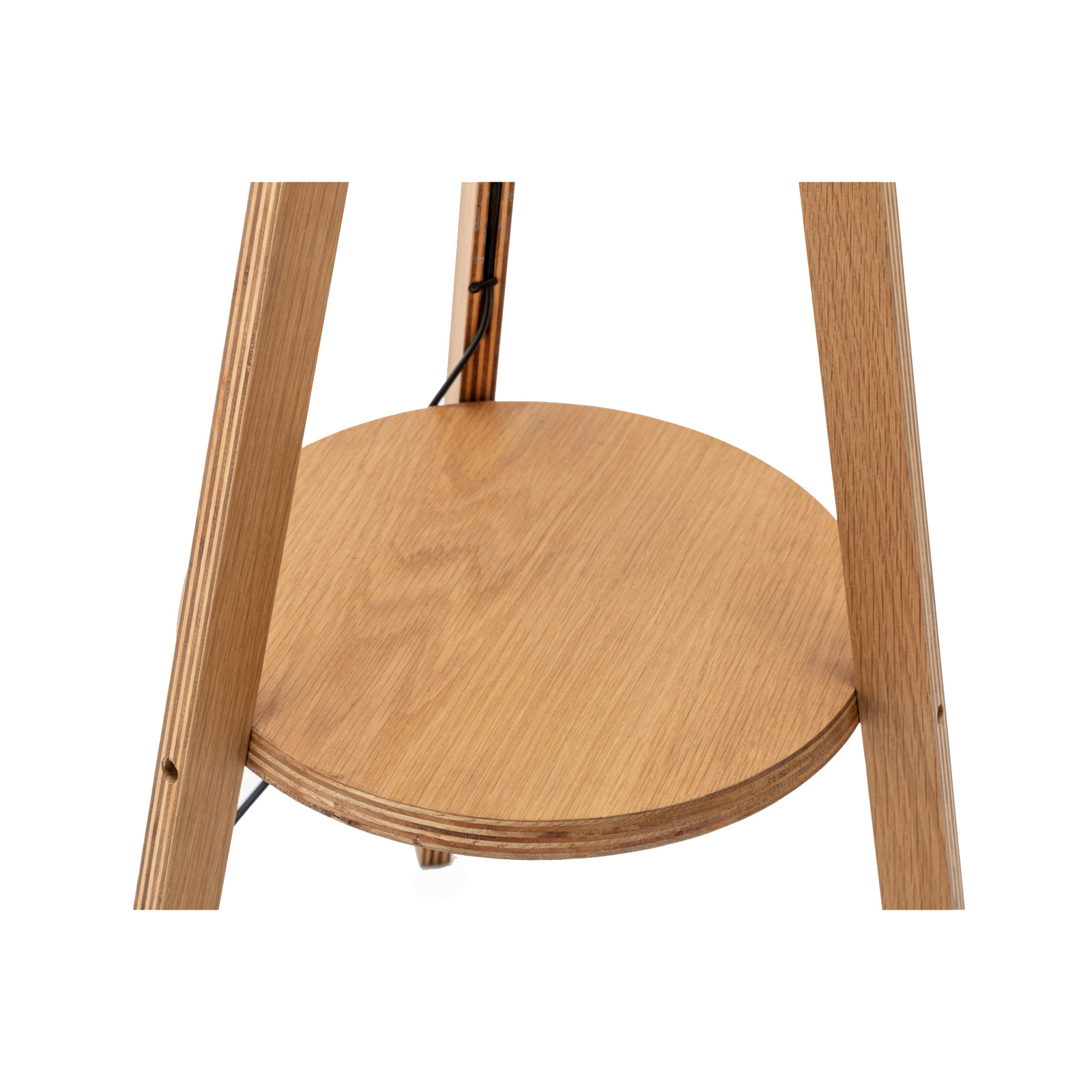 V563-75171-174344-02 Natural Wooden Tripod Floor Lamp w/ Round Wood Shelf + Off White Linen Shade - Image 3