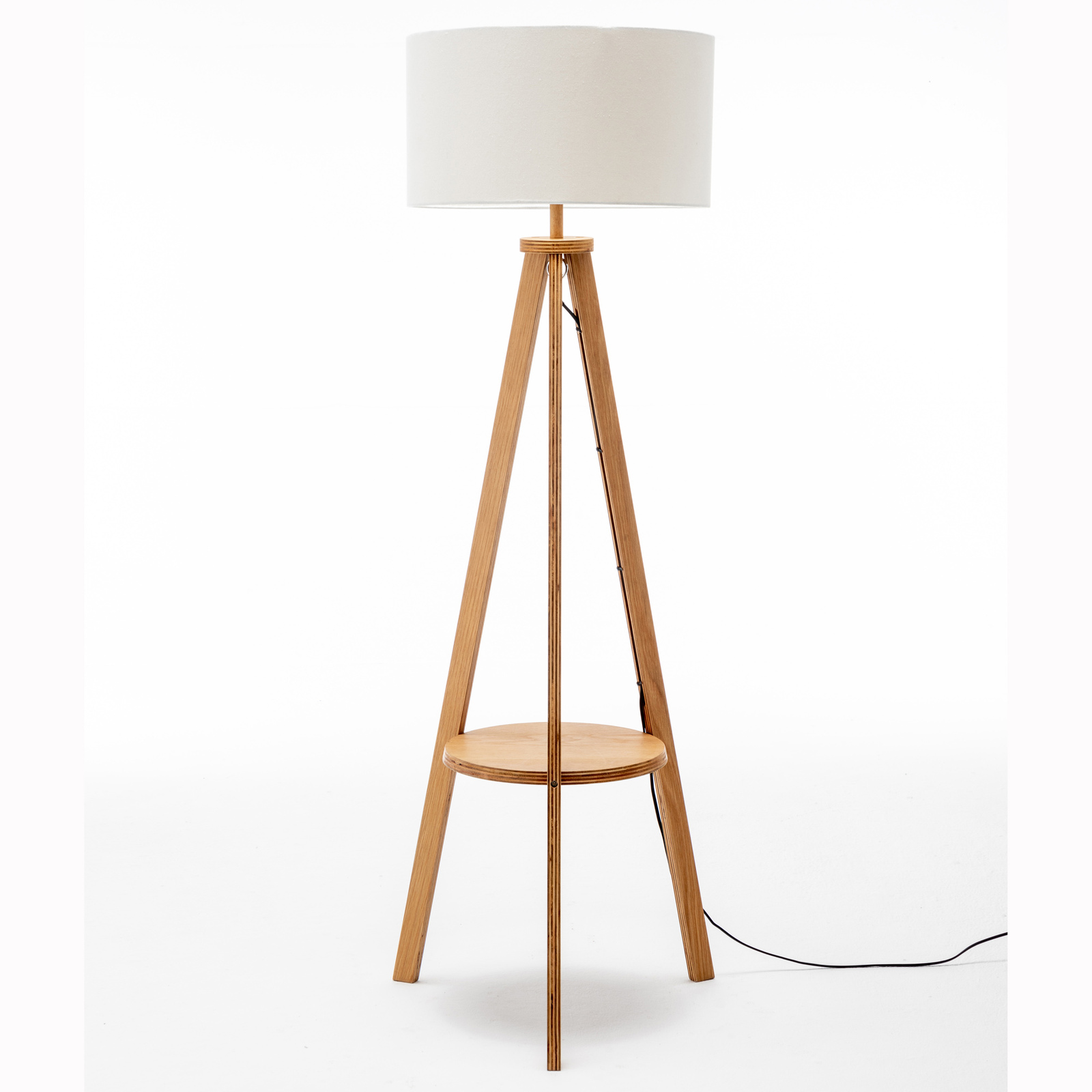 V563-75171-174344-05 Natural Wooden Tripod Floor Lamp w/ Round Wood Shelf + Off White Linen Shade - Image 6