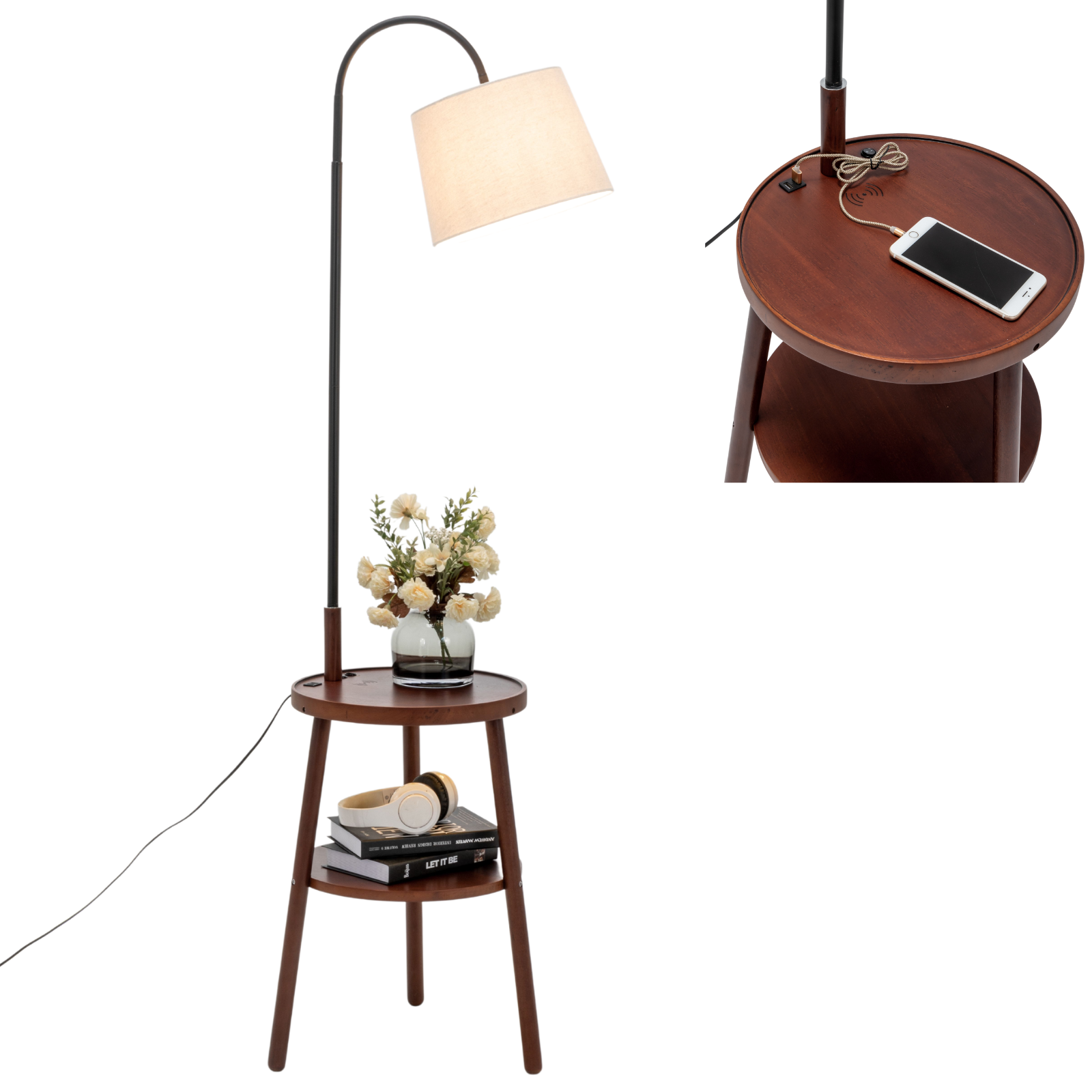 V563-75177-174356-01 Naples Tripod Floor Lamp Shelf Storage Drawer Bed Side Table Light w/ USB Charger - Image 2