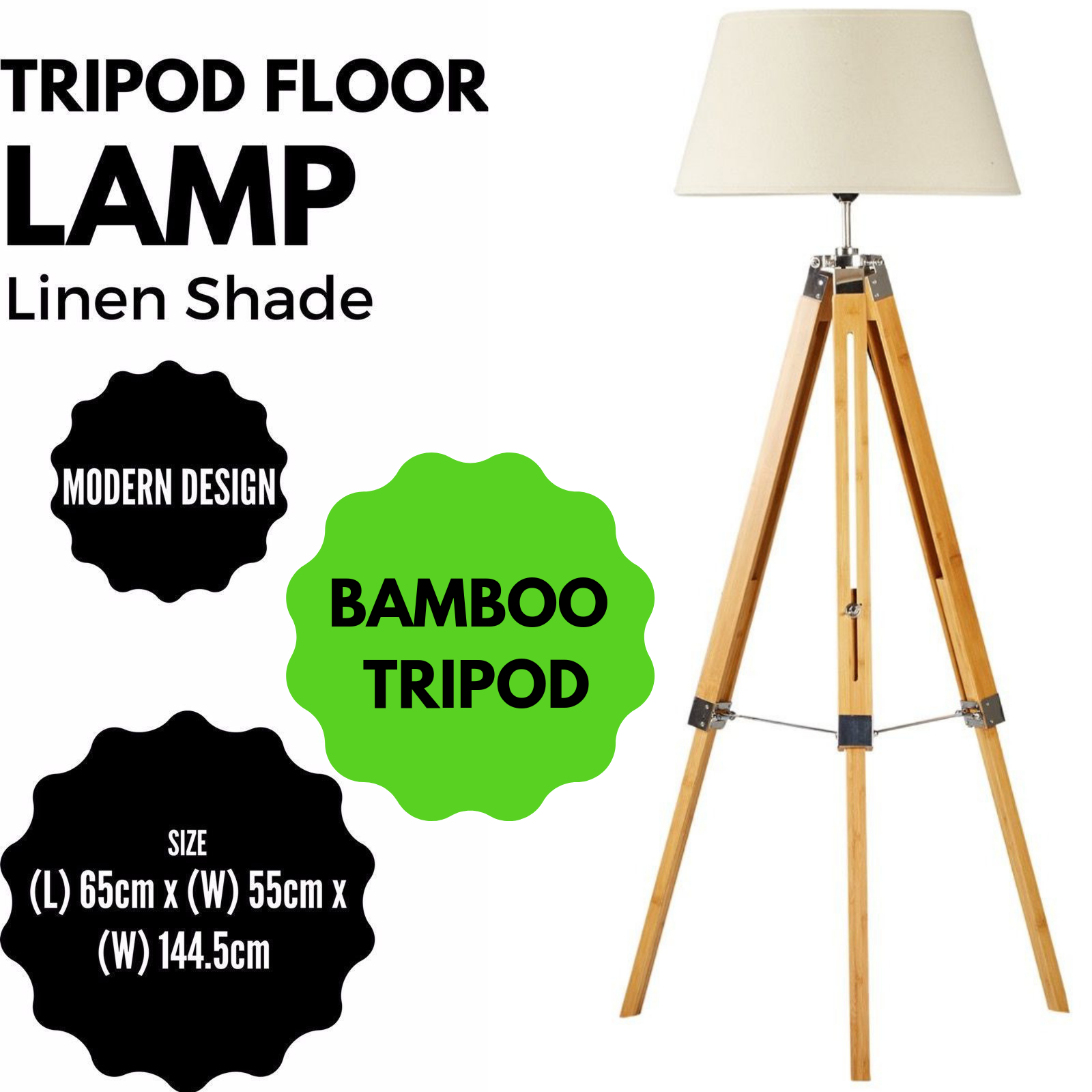 V563-BR-75005-173981-01 LARGE TRIPOD FLOOR LAMP Linen Shade Modern Light Bamboo Vintage Wooden Retro - Image 2