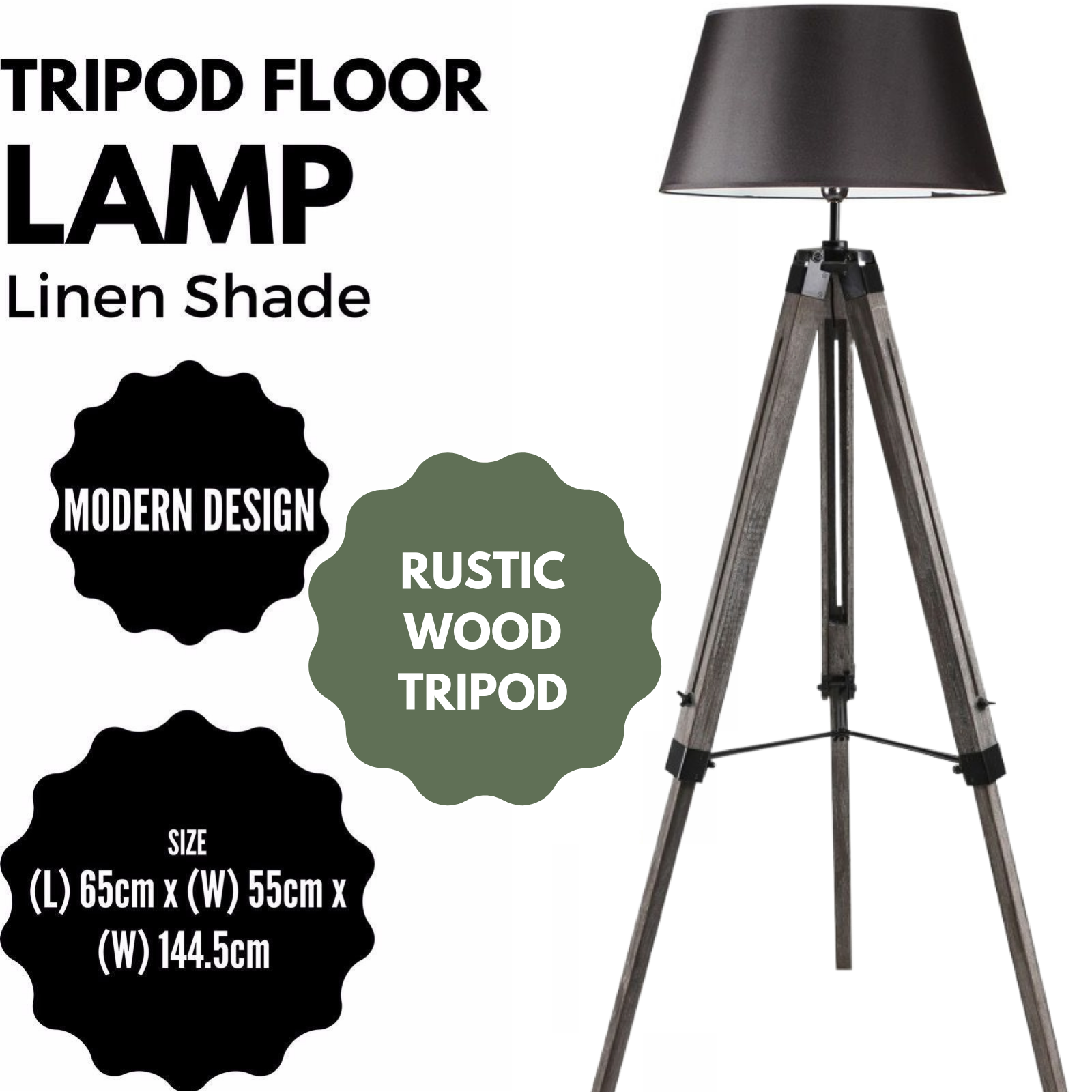 V563-BR-75006-202502261545-01 LARGE TRIPOD FLOOR LAMP Linen Shade Modern Light Retro Vintage Wooden - Image 2