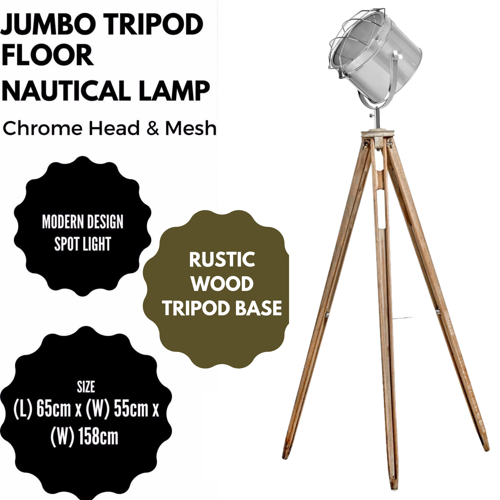 V563-BR-75029-173973-01 Nautical Tripod Floor Lamp Search Light Modern Chrome Head with Mesh - Image 2
