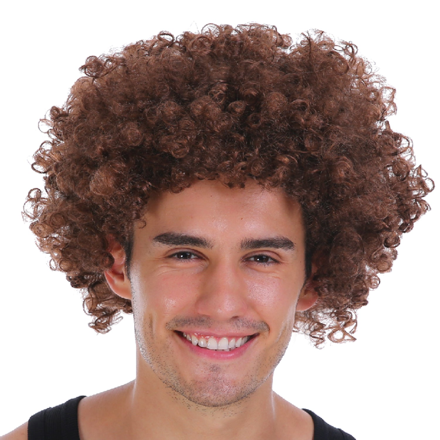 V563-BR-AFRO-BRWN-184955-01 Mens DELUXE AFRO WIG Curly Hair Costume Party Fancy Disco 70s 80s Dress Up - Brown - Image 2