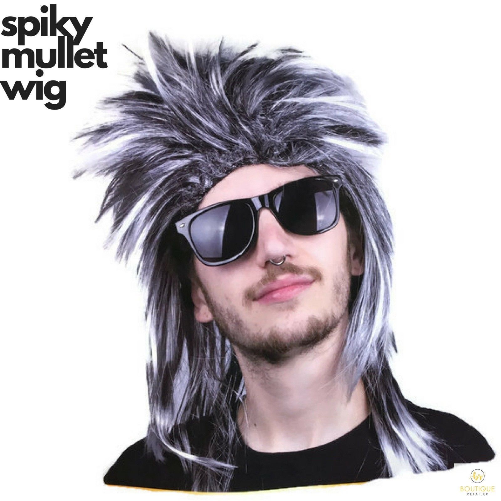V563-BR-FFCA7660-184627-02 MENS MULLET WIG 80s Fancy Dress Mens Party Costume Spiky Hair Rock - Image 3