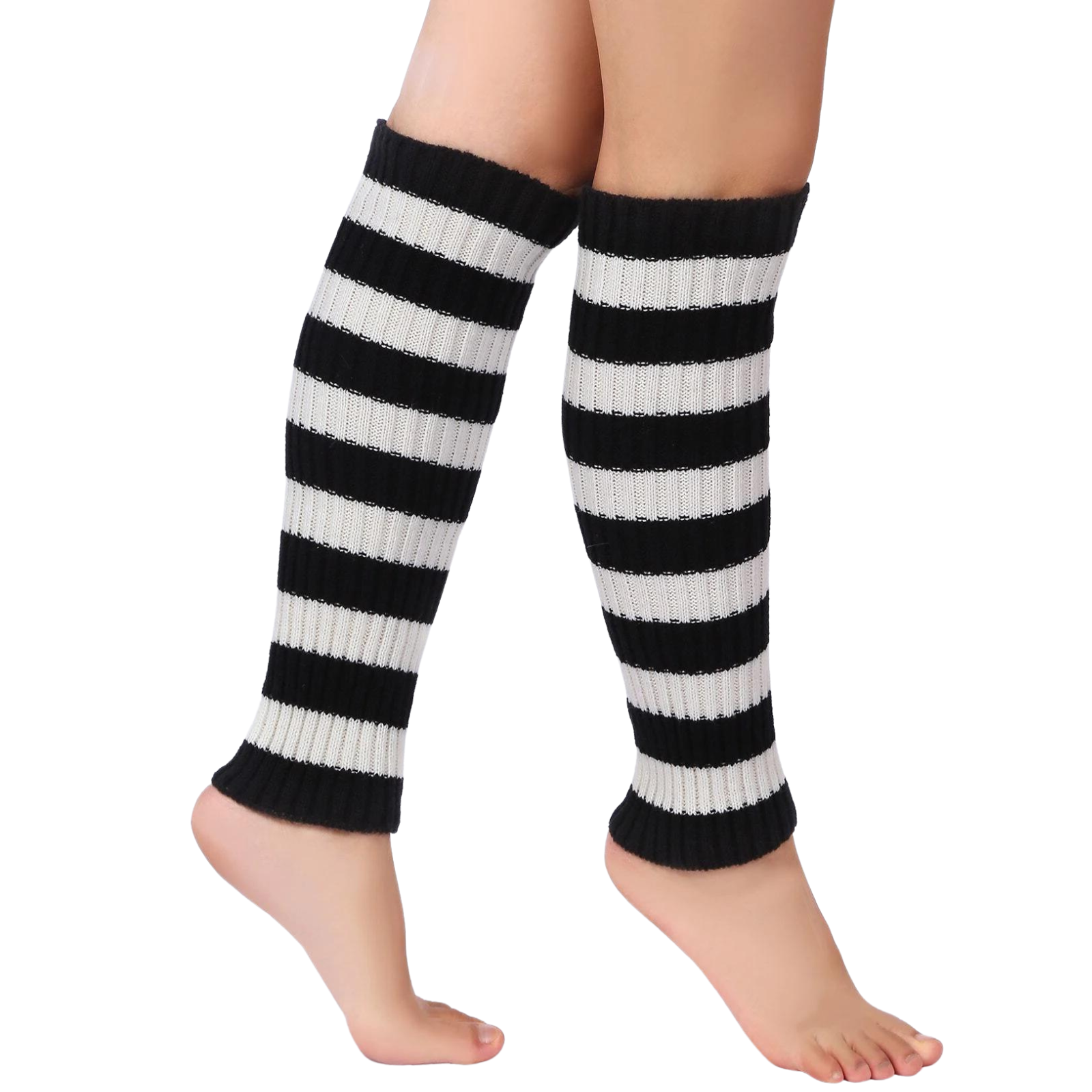 V563-BR-LEGW-BLKWHTSTR-202503052151-01 Pair of Womens Leg Warmers Disco Winter Knit Dance Party Crochet Legging Socks Costume - Black/White Stripe - Image 2