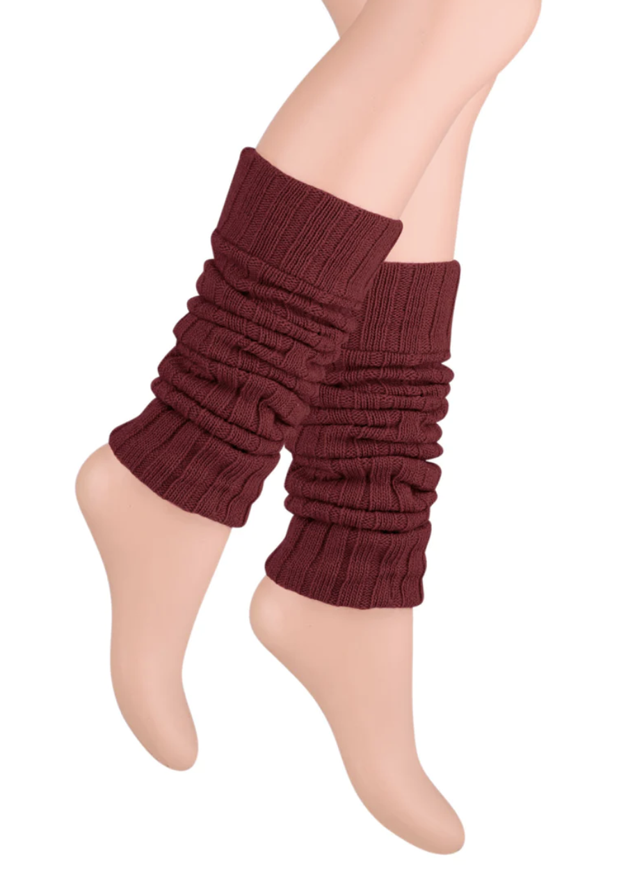 V563-BR-LEGW-BURG-202503052205-01 Pair of Womens Leg Warmers Disco Winter Knit Dance Party Crochet Legging Socks Costume - Burgundy - Image 2