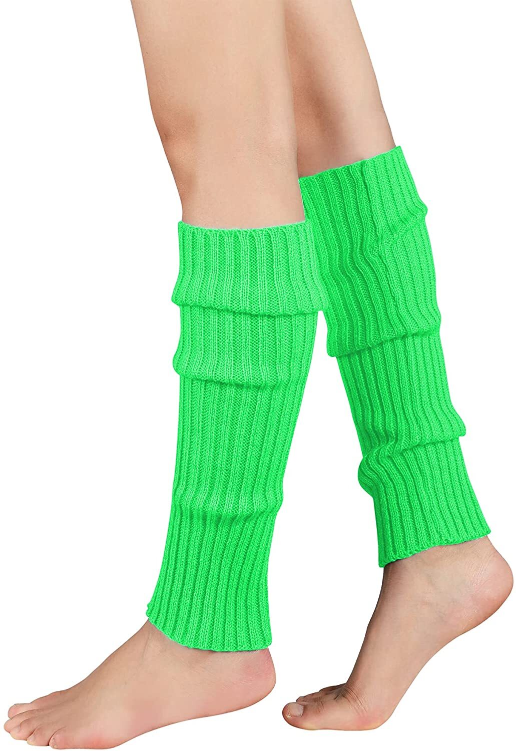 V563-BR-LEGW-FLUGRN-202503052210-01 Pair of Womens Leg Warmers Disco Winter Knit Dance Party Crochet Legging Socks Costume - Fluro Green - Image 2