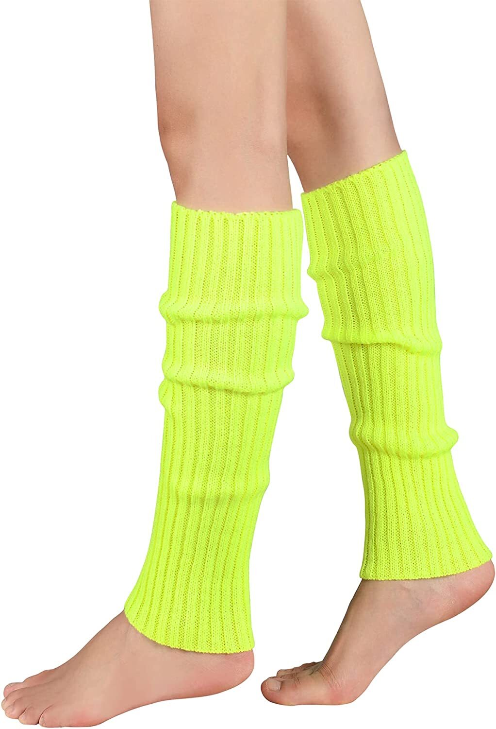 V563-BR-LEGW-FLUYLW-202503052215-01 Pair of Womens Leg Warmers Disco Winter Knit Dance Party Crochet Legging Socks Costume - Fluro Yellow - Image 2