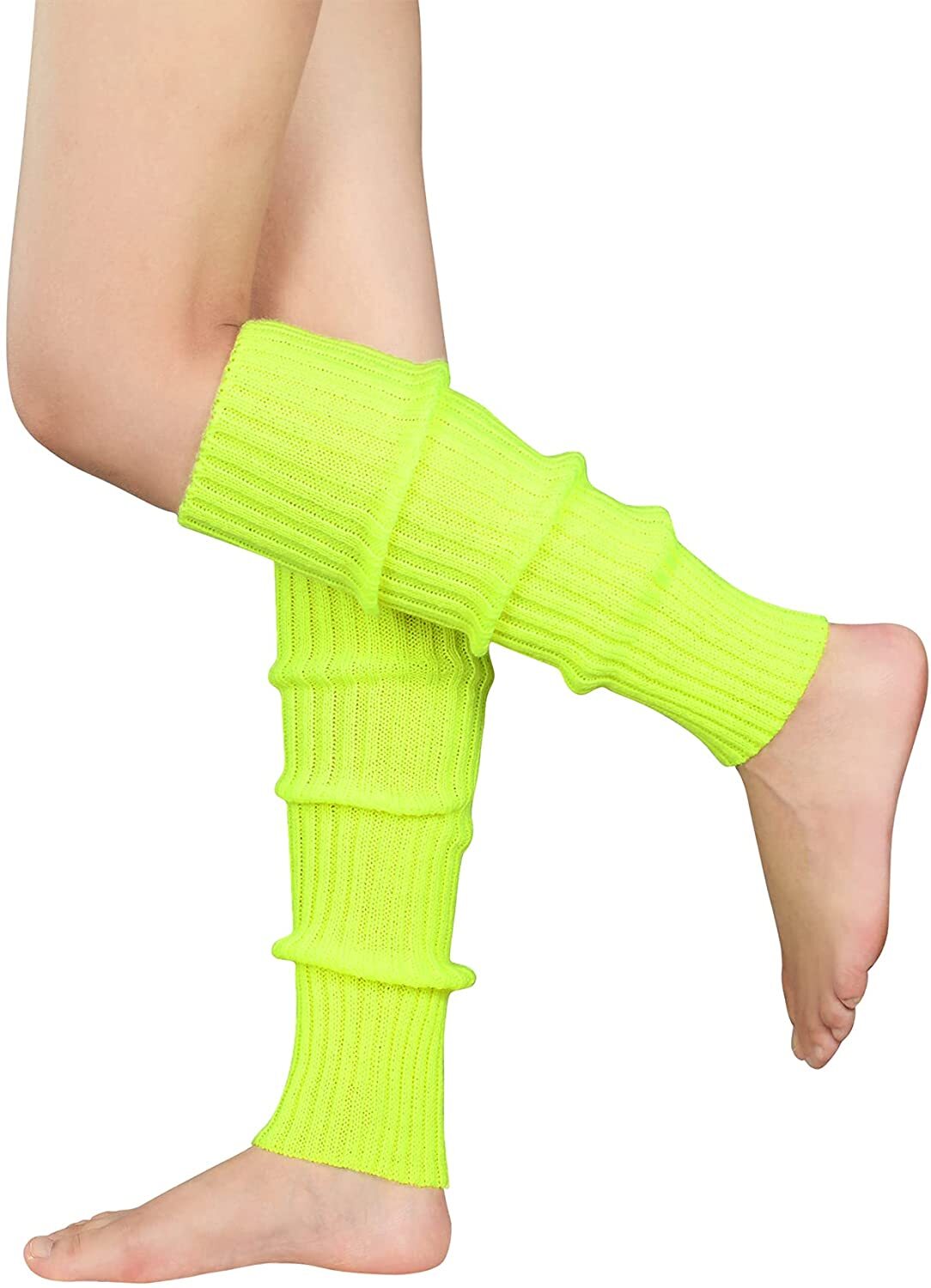 V563-BR-LEGW-FLUYLW-202503052215-02 Pair of Womens Leg Warmers Disco Winter Knit Dance Party Crochet Legging Socks Costume - Fluro Yellow - Image 3
