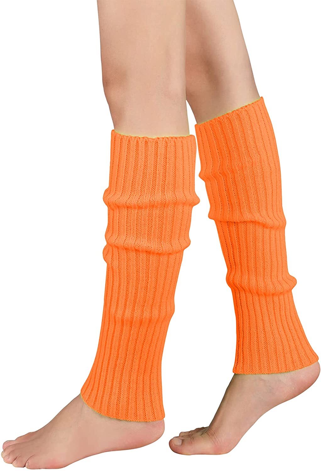 V563-BR-LEGW-ORNG-202503052235-01 Pair of Womens Leg Warmers Disco Winter Knit Dance Party Crochet Legging Socks Costume - Orange - Image 2