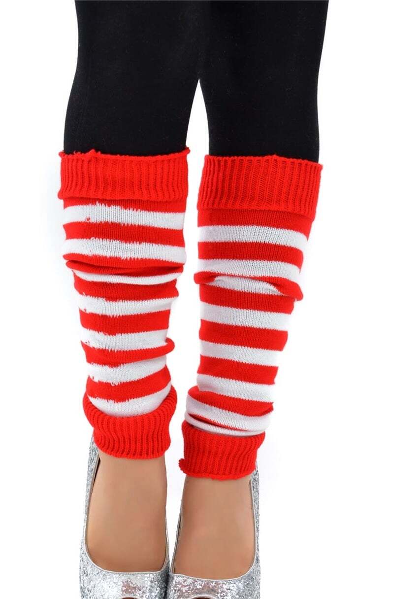V563-BR-LEGW-REDWHTSTR-202503052250-01 Pair of Womens Leg Warmers Disco Winter Knit Dance Party Crochet Legging Socks Costume - Red/White Stripe - Image 2