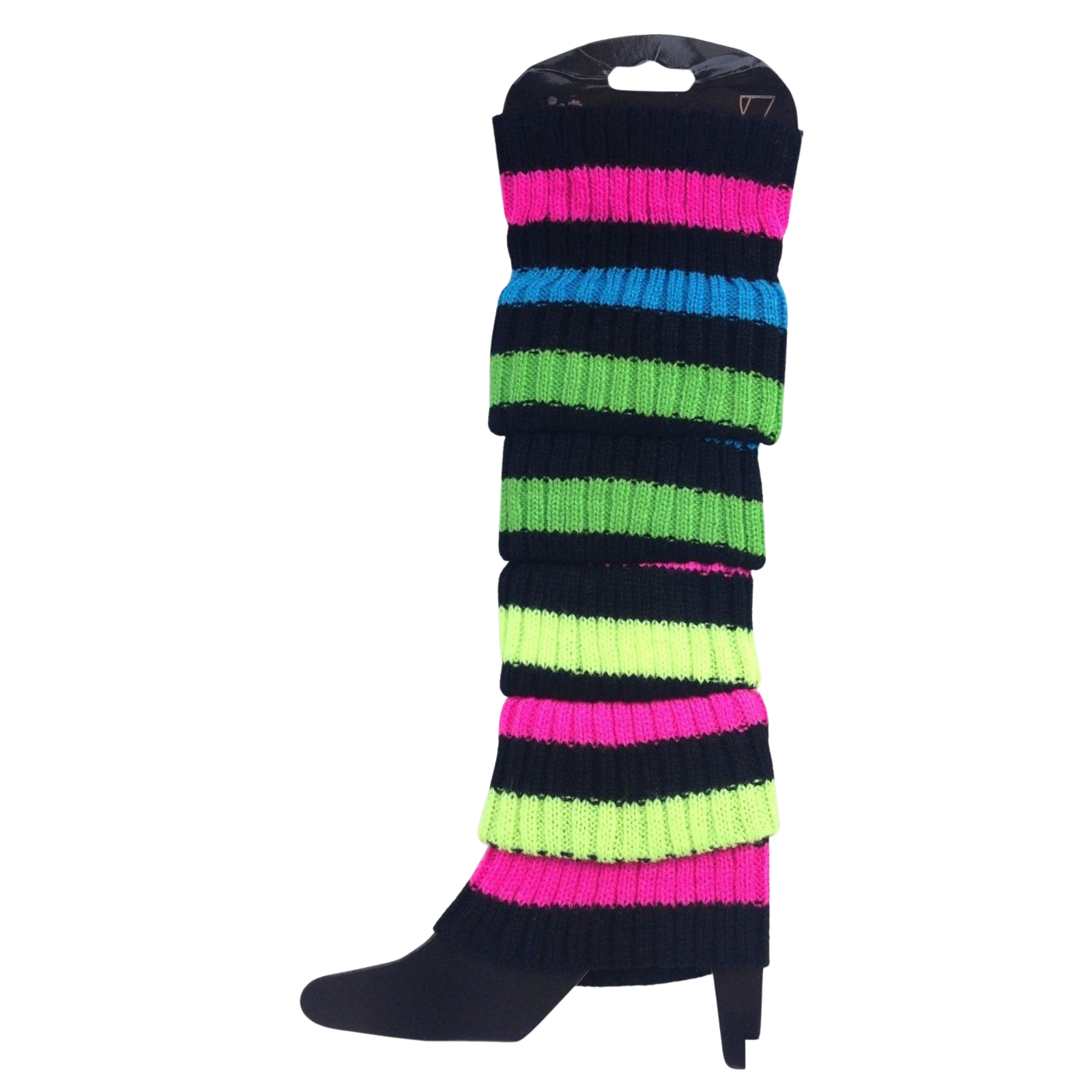 V563-BR-LEGW-RNBWBLKSTR-202503051420-01 Pair of Womens Leg Warmers Disco Winter Knit Dance Party Crochet Legging Socks Costume - Rainbow with Black Stripe - Image 2