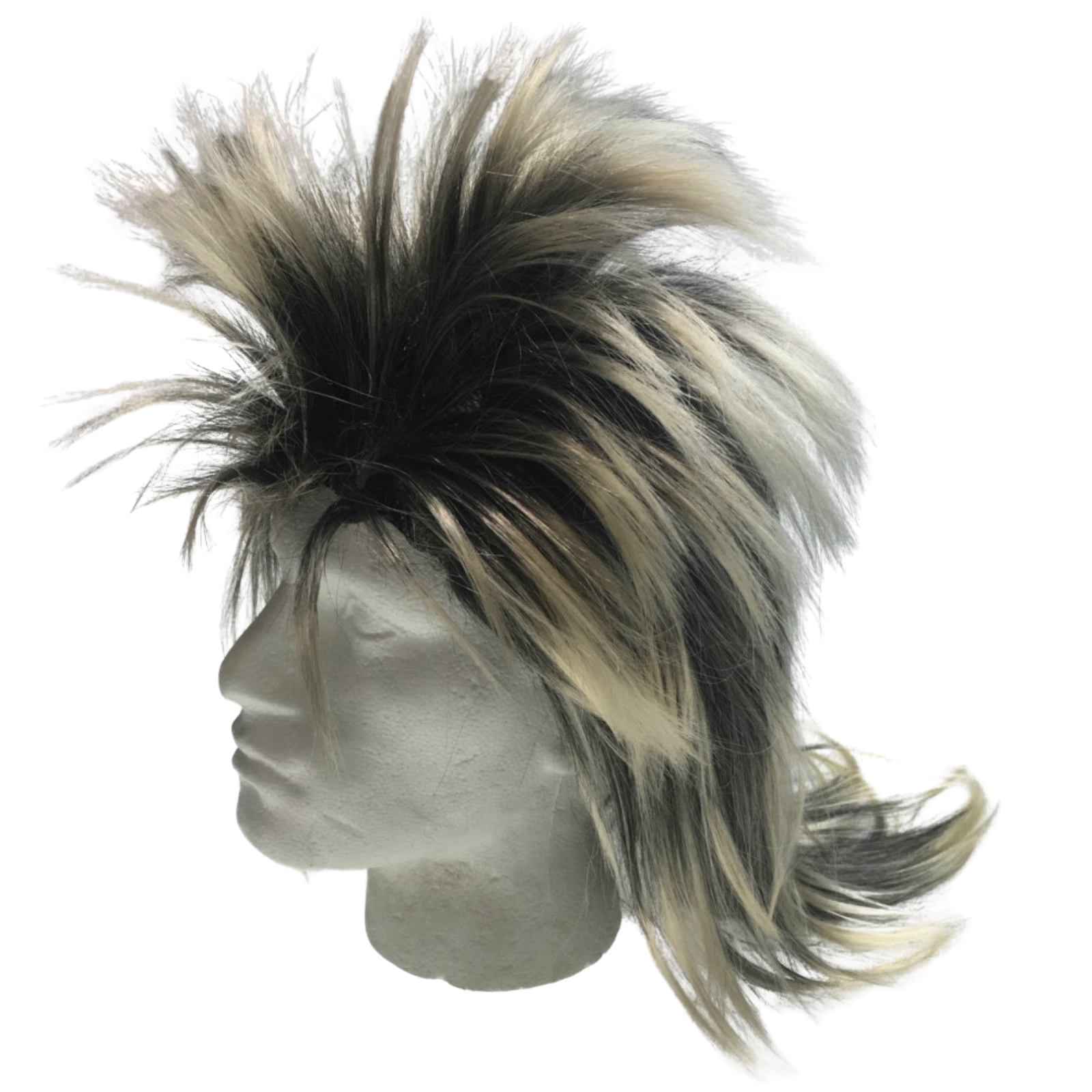 V563-BR-MLSKYWIG-BLK-BLONDE-185136-01 Mens Long SPIKY Wig Rock Punk 80s Fancy Dress Costume Bogan Mullet Spikey - Black/Blonde - Image 2