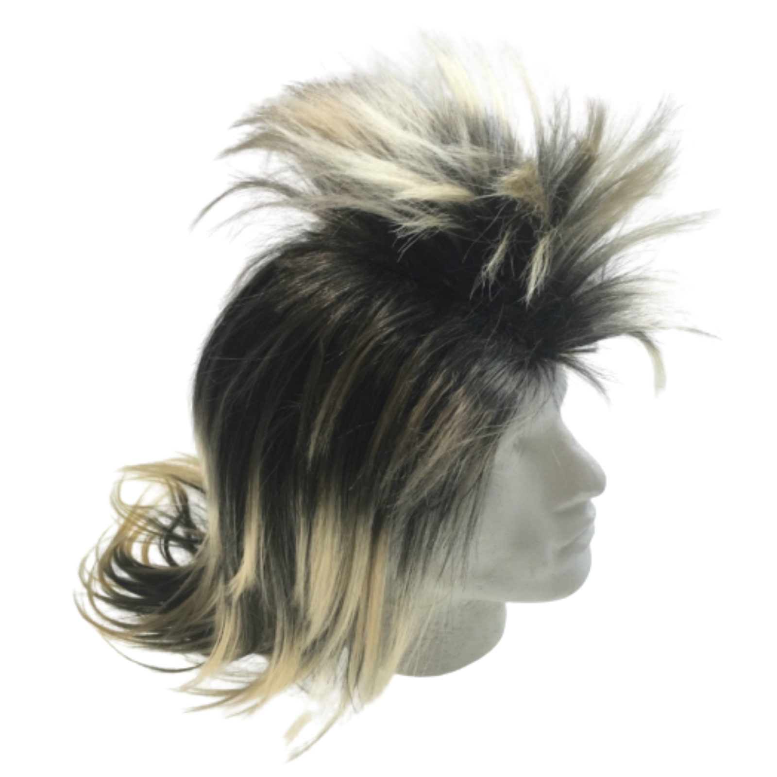V563-BR-MLSKYWIG-BLK-BLONDE-185136-03 Mens Long SPIKY Wig Rock Punk 80s Fancy Dress Costume Bogan Mullet Spikey - Black/Blonde - Image 4