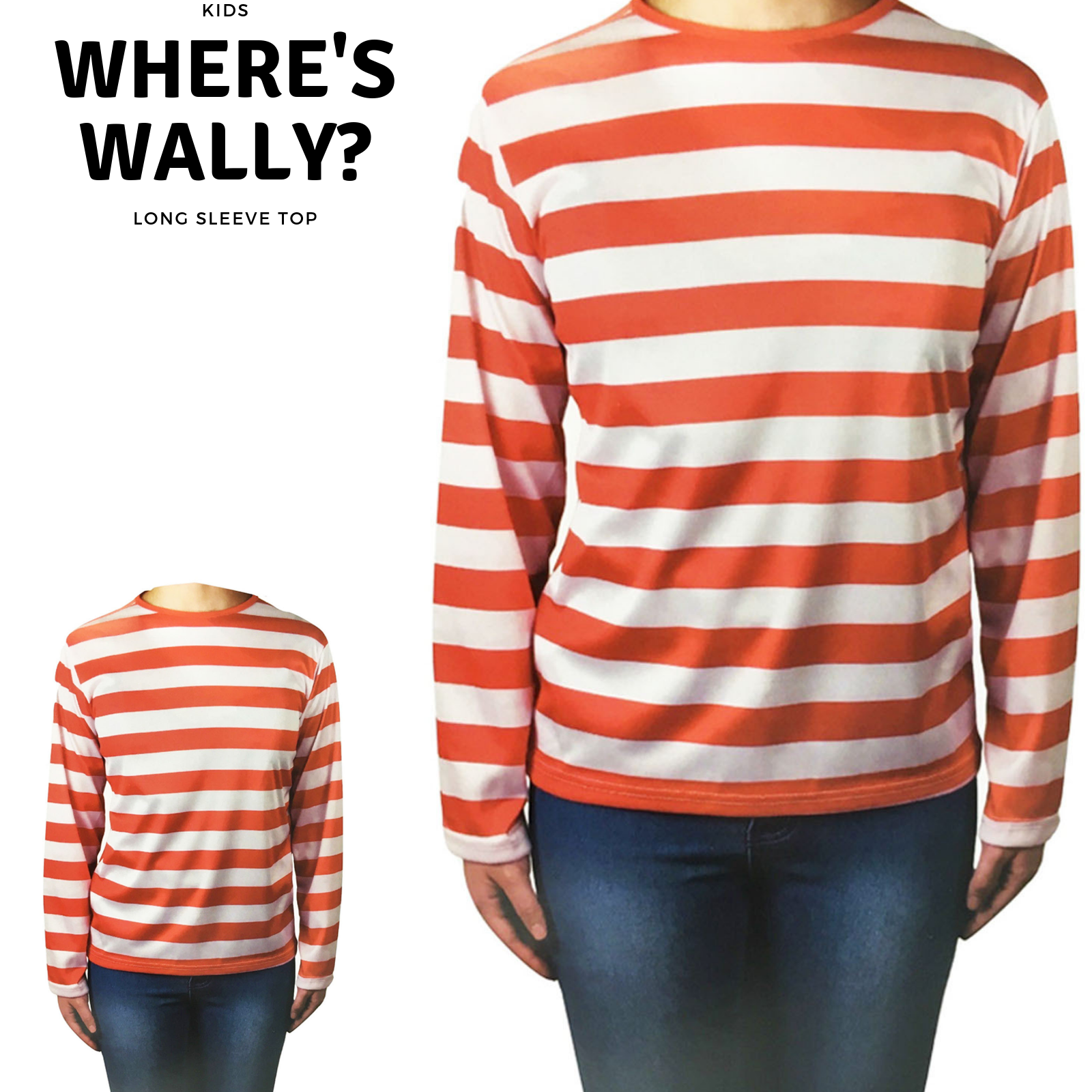 V563-BR-REDANDWYTTOP-L-202503051445-01 KIDS Red and White Striped Top Wenda Waldo Shirt Costume Party Book Week - Large (10-12 Years Old) - Image 2