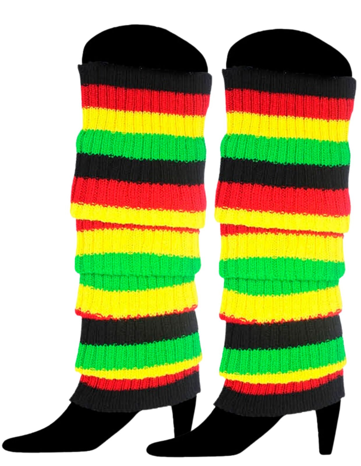 V563-CHUNKYRAINBOWLW-INDGENOUS-184723-01 RAINBOW LEG WARMERS High Knitted Womens Neon Party Knit Ankle Socks 80s Dance - Indigenous Colours - Image 2