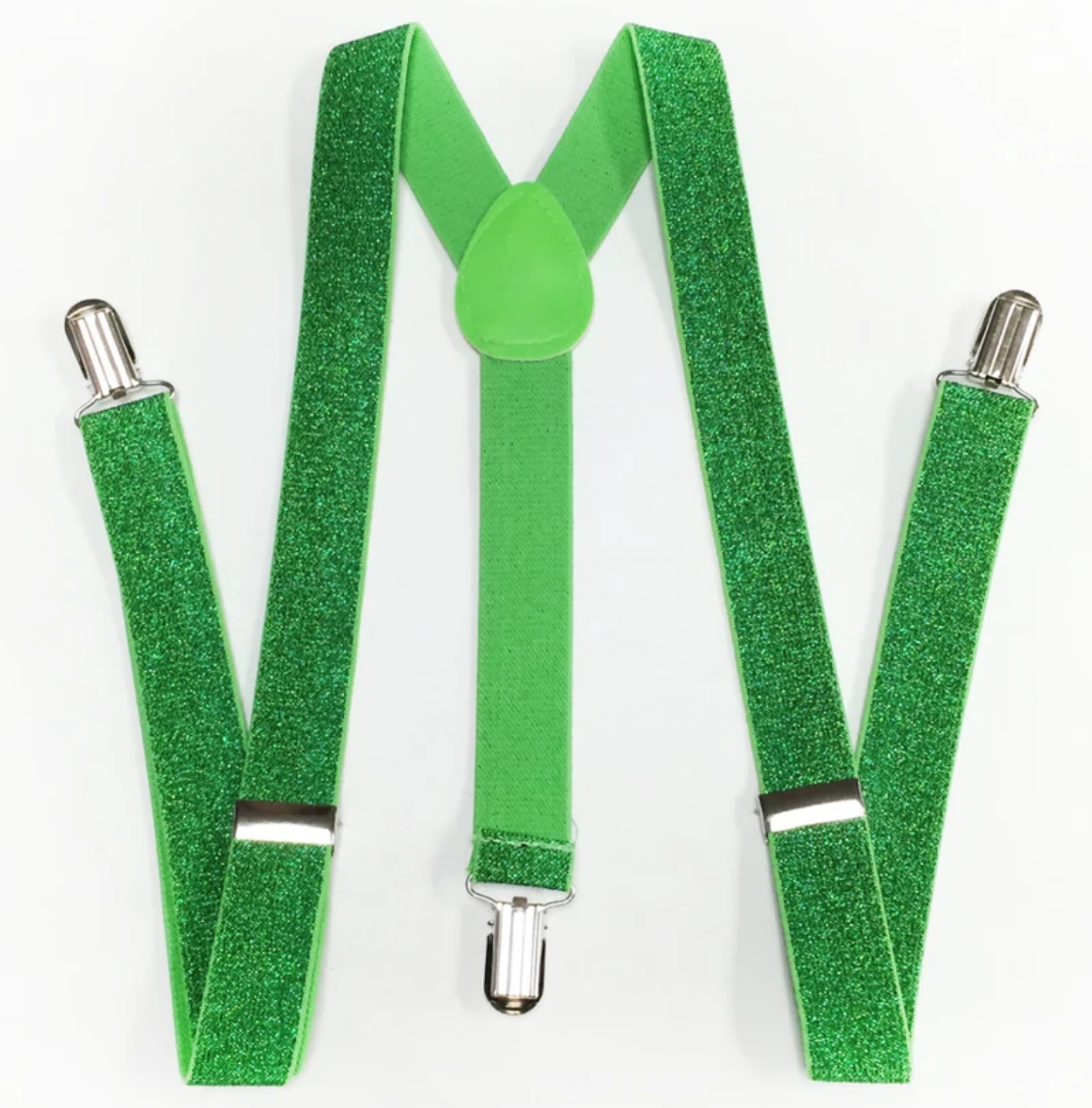 V563-GLITRSUSPENDERS-GRNGLIT-184644-00 GLITTER SPARKLE SUSPENDERS Braces Clipon Elastic Y-Back Slim Adjustable - Green (Glitter) - Image 1
