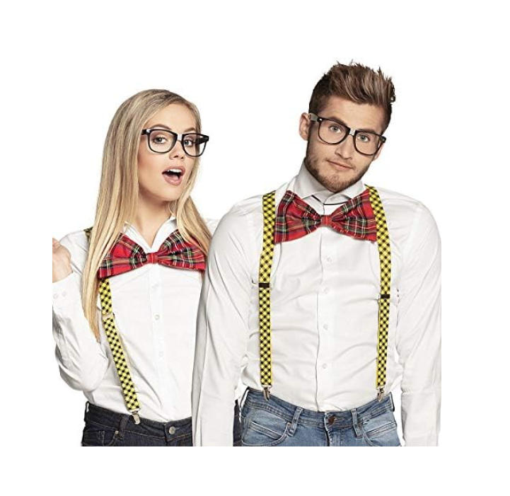V563-NERDKIT-183484-01 NERD COSTUME KIT Set Geek Glasses Fancy Dress Retro Funny Braces Bow Tie Party - Image 2
