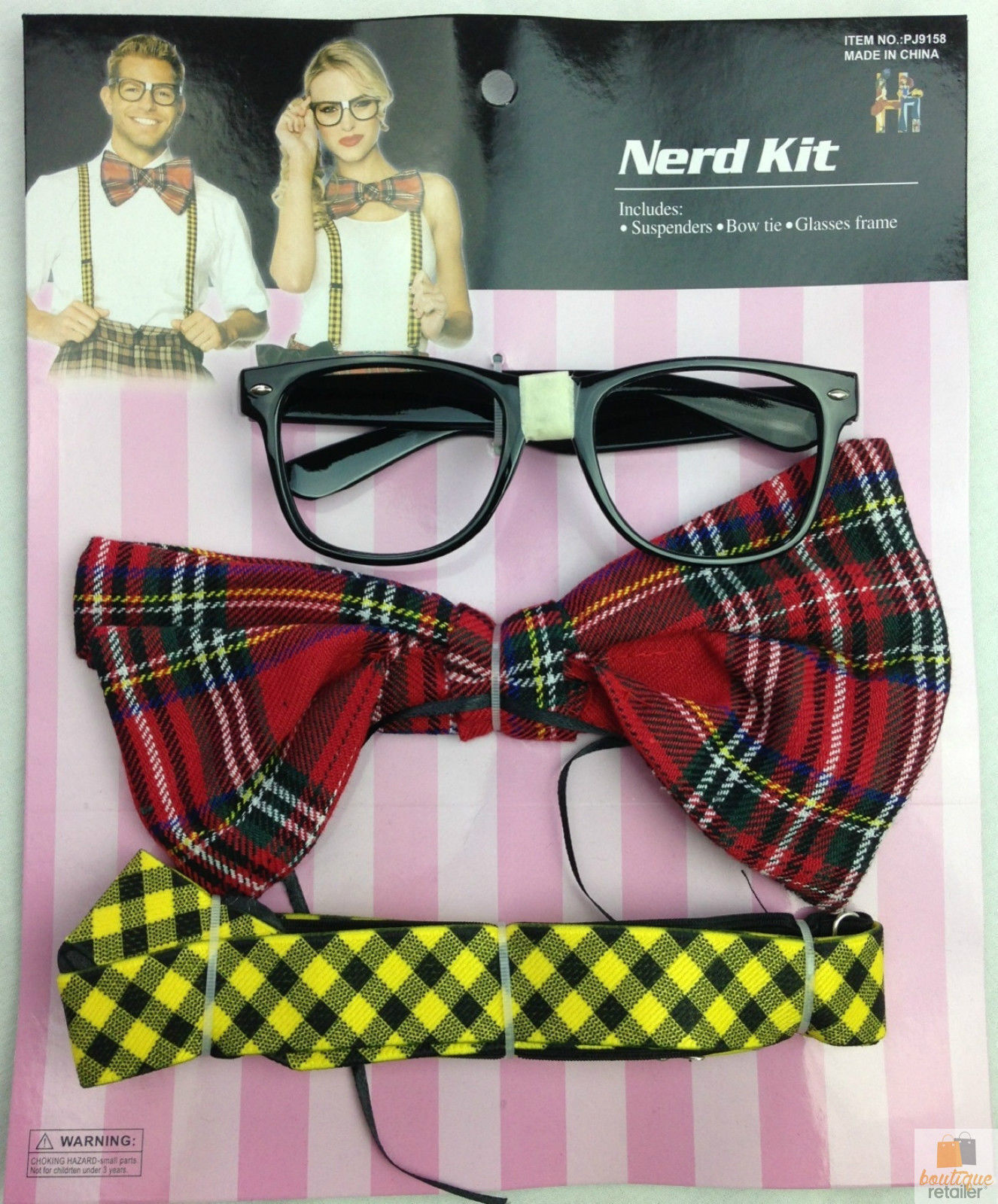 V563-NERDKIT-183484-07 NERD COSTUME KIT Set Geek Glasses Fancy Dress Retro Funny Braces Bow Tie Party - Image 8