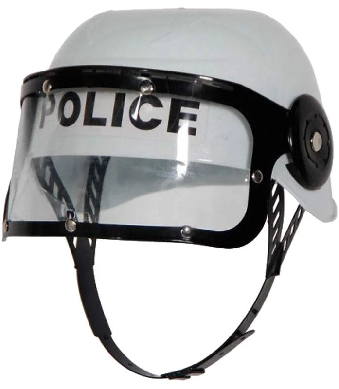 V563-POLICEHAT-PLTCHELMET-WHT-184325-01 POLICE HAT Plastic Helmet Cap Costume Party w Strap Clear Visor - White - Image 2